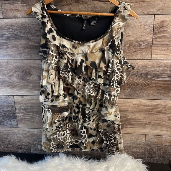 New Direction Ladies Leopard & Floral Ruffled Layerd Top Brown & Black - Picture 2 of 4